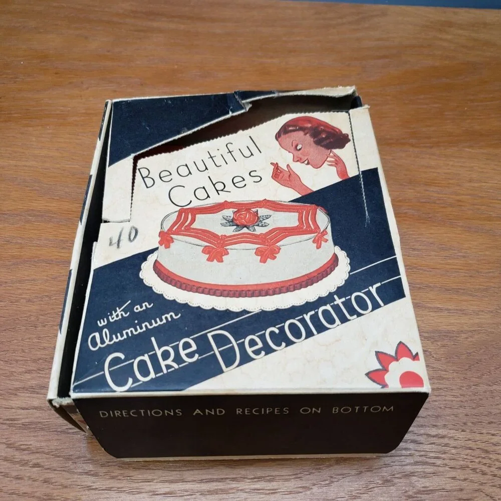 Vintage Aluminum Cake Decorator Set w Tips Original Box Recipes Made USA